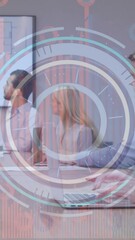 Poster - Animation of round scanner and data processing over caucasian woman using a laptop in meeting room