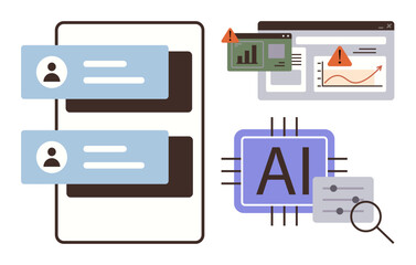 Poster - Mobile interface with user profiles, AI chip with controls, web analytics graphs, and alert system. Ideal for technology, AI development, data security, automation, innovation digital tools simple