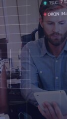 Poster - Animation of graphs, trading boards over diverse coworkers discussing reports on tablet in office