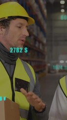 Poster - Animation of financial data processing over caucasian men working in warehouse
