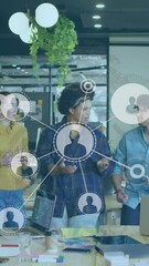 Poster - Animation of network with data processing over diverse business people working in office