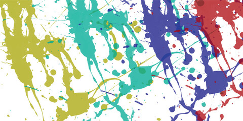 Aufkleber - Colorful paint splatter abstract background with textured brush strokes displaying vibrant hues of yellow blue teal and red on a white canvas