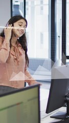 Poster - Animation of statistical data processing against caucasian woman talking on phone headset at office