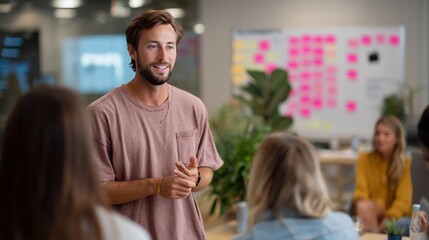 Poster - Engaging group discussion in a modern workspace featuring a man speaking to colleagues
