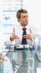 Poster - Animation of infographic interface over diverse coworkers sharing ideas in office