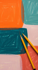 Poster - Abstract artwork featuring pastel colored shapes and two yellow pencils, suggesting creativity and artistic expression, perfect for design projects or blog posts