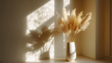 Poster - Elegant pampas grass arrangement in a minimalist vase capturing soft sunlight and delicate shadows