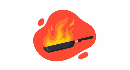 Poster - Illustration of a frying pan with flames on a red background in flat design style art work