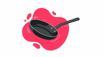 Poster - Illustration of a black frying pan with a handle against a pink abstract shape background design