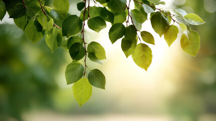 Wall Mural - green birch leaves filtering golden sunlight with blurred bokeh background evoking a sense of tranqu