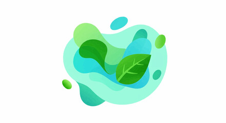 Poster - Abstract design featuring a green leaf with organic shapes and flowing water color elements art