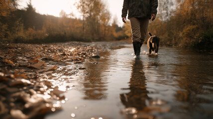 Wall Mural - hunter with rubber boots and his dog crossing a shallow creek in an autumn forest during golden hour