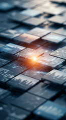 Poster - Abstract image of dark gray cubes with glowing inner light, showcasing data visualization and interconnectedness, symbolizing technology, innovation, and network