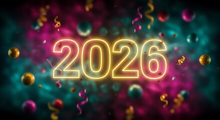 Poster - Glowing 2026 New Year Celebration with Confetti and Spheres on Colorful Background
