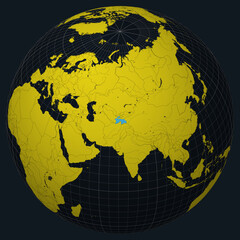 Poster - Tajikistan on Globe. Country view on the world map in Charcoal Bright Yellow color palette. Tajikistan shape on map. Globe with meridians, parallels, countries, rivers and lakes.