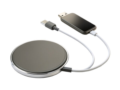 Wireless Phone charger through USB type C cable  isolated on white background, PNG