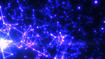 Poster - Glowing abstract purple-blue neural network web with dynamic light trails and digital mesh structure