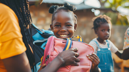 Photo of a young child smiling as they receive a school, World Humanitarian Day