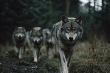 Gray Wolf Pack Leader Growling Slightly in Forest Edge Group Wildlife
