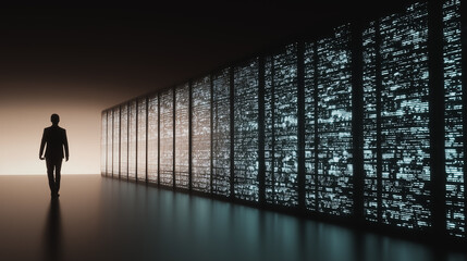 Poster - Digital Pathway: A solitary figure strides purposefully through a futuristic corridor lined with a vast array of data servers, illuminated with cool, ethereal light.