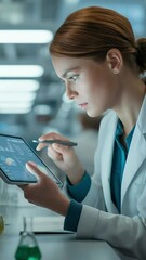 Poster - The Scientist's Digital Insight: A focused scientist, immersed in the heart of a state-of-the-art laboratory, meticulously examines data on a digital tablet.