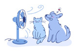 A cat and a dog enjoying the breeze from an electric fan. A concept illustration of pets enjoying summer. A cat and a dog enjoying the breeze from an electric fan. A concept illustration of pets enjoying summer.