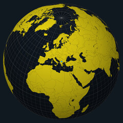 Poster - North Macedonia on Globe. Country view on the world map in Charcoal Bright Yellow color palette. North Macedonia shape on map. Globe with meridians, parallels, countries, rivers and lakes.