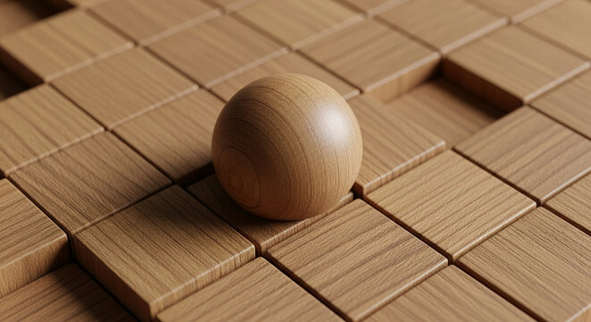 Wooden sphere rests on a grid of brown square blocks, creating a clean, minimalist design, showcasing a product or concept, ideal for a presentation or mockup