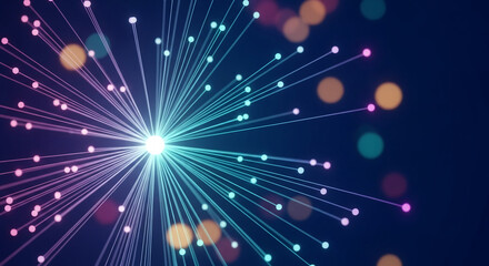 Poster - Abstract image of glowing lines and dots radiating from central point, creating dynamic, interconnected network visualization, symbolizing connection, technology, and innovation