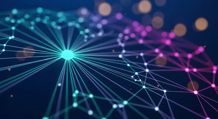 Poster - Abstract network graphic with glowing nodes and lines in teal, purple, and white, set against a dark blue background, symbolizing connection, communication, and technology
