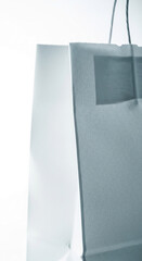 Poster - Close-up of two light-grey paper shopping bags, showcasing blank space for branding or text, symbolizing retail, shopping, and consumerism