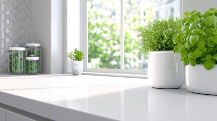 Poster - Bright kitchen countertop with fresh herbs in pots, sunlight streaming through the window