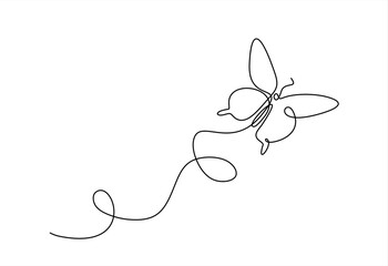 Poster - Butterfly in One continuous line drawing. Beautiful flying moth for wellbeing beauty or spa salon logo and divider concept in simple linear style. Hand drawn one line vector. Editable stroke	