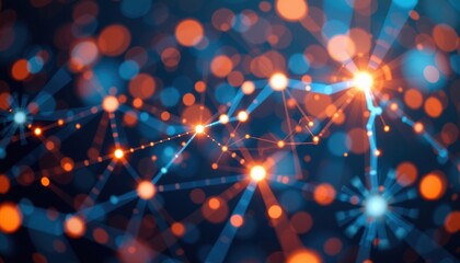 Poster - Abstract neural network connection in digital communication. A vibrant illustration of a network node with numerous connection points and data transfer