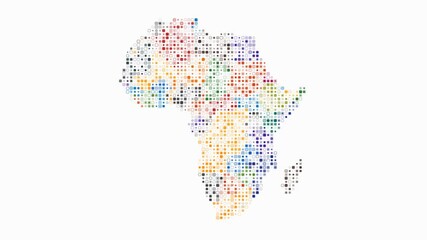 Poster - Africa dotted animation. Shape of the continent build of pulsating colored dots. Small size rounded square blocks. Digital style map on white background. Stylish video.