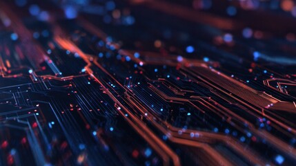 Fototapete - Abstract close-up of a vibrant circuit board with glowing lines and dots, representing technology