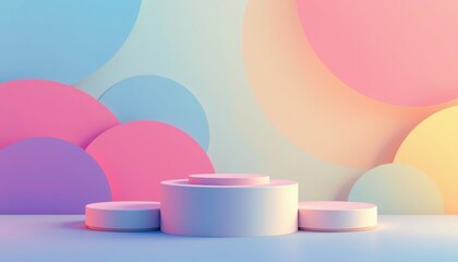 Poster - A visually striking display of three podiums of varying sizes, set against a backdrop of soft, overlapping pastel shapes. The design is minimalistic and elegant. 