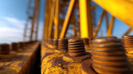 Poster - Close-up view of rusty bolts on a yellow industrial structure against a clear blue sky