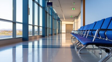 Poster - Modern airport terminal hallway featuring blue seating and large windows with natural light
