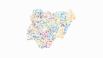 Poster - Nigeria dotted animation. Shape of the country build of pulsating colored dots. Small size square blocks. Digital style map on white background. Abstract video.