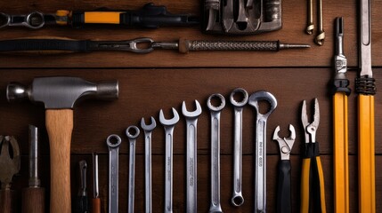 Poster - A variety of hand tools organized neatly on a wooden surface, showcasing craftsmanship and utility