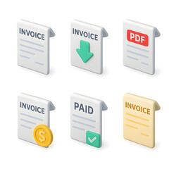 Fototapete - Comprehensive 3D Isometric UI UX Invoice Icons Set Download, Paid, PDF, Transparent Background