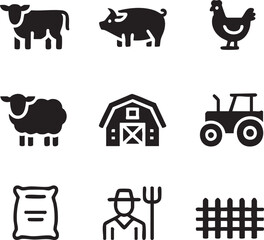 Aufkleber - Black and white farm animal icon set featuring cow pig chicken sheep barn tractor farmer and fence agriculture theme