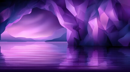 Poster - Serene purple cave landscape reflecting on calm waters under a twilight sky