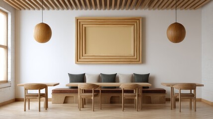 Poster - Artistic minimalist cafe with large art frame placeholders and open seating space ready for layout design