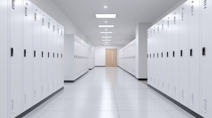 Poster - A spacious hallway lined with white lockers leading to a wooden door in a modern school
