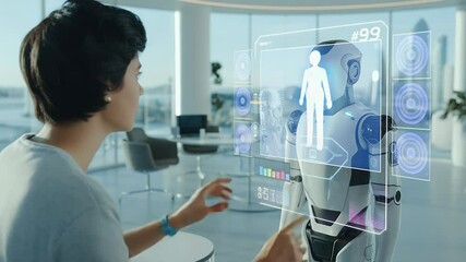Poster - Digital Synergy: A human collaborates with a sophisticated AI robot, visualizing a future of seamless integration and technological advancement.