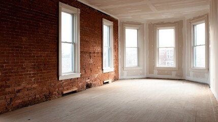 Poster - Empty room with exposed brick walls and large windows, sunlight illuminating the space