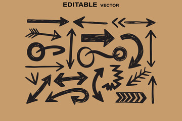 Poster - Collection of hand drawn black arrows and directional pointers on a brown background editable vector