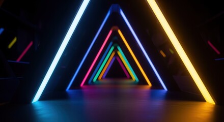 Poster - Colorful neon lights forming triangular shapes create a captivating tunnel effect, illuminating a dark space with vibrant hues and evoking a sense of modern energy and abstract design
